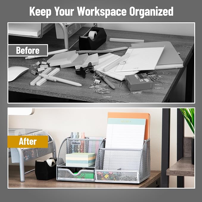 Mind Reader 7-Compartment Desktop Organizer, Metal Mesh Desk Organizer for Pens, Sticky Notes, Mail and Office Supplies, Silver - Image 5