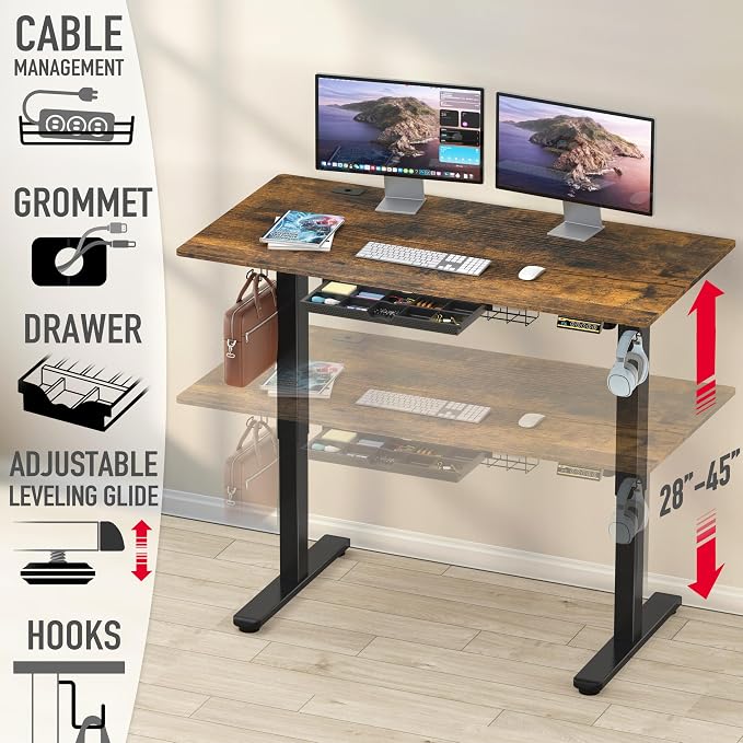 SHW 55 x 28 Electric Height Adjustable Standing Desk w/Drawer,Rustic Brown | w/ Memory Presets and Cable Management | Drawer with adjustable compartments | Hanging Hooks - Image 4