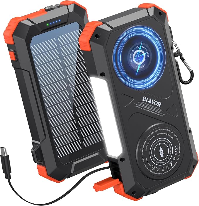 BLAVOR Solar Charger Power Bank Built-in Retractable USB-C Cable, 20000mAh Wireless Magnetic Portable Charger with Camping Light, Flashlight, 20W Fast Charging Battery Pack for Outdoor Camping Hiking by BLAVOR