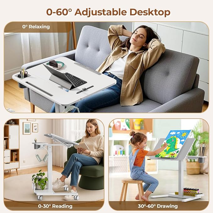 Mobile Standing Desk with Storage Shelf & 60° Tiltable Top | 28" Height Adjustable Rolling Laptop Desk on Wheels, Portable Computer Workstation for Working, Drawing, Crafting, White - Image 6