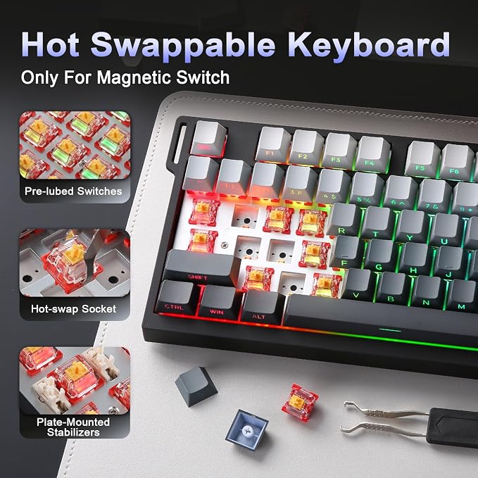 YUNZII RT75 PRO Dual 8K Wireless Keyboard(Gradient Black, Red Switch) | Hall Effect Magnetic Switches & 128KHz Scan Rate,BT/USB-C/2.4G, RGB, Hot-Swappable, CustomizableTGL/SOCD/DKS/MT for Gamers - Image 6