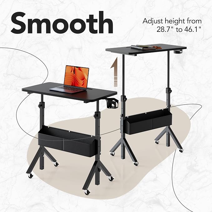 HUANUO Portable Standing Desk Adjustable Height, Mobile Stand Up Desk for Walking Pad and Treadmill, Rolling Computer Table with Wheels, 31.5"x15.75" Height 28.7"-46.1", Black - Image 4