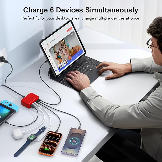 USB C Charger Block, GaN Fast USB Charging Station Hub with 100W Max 6-Port | 3 USB-C & 3 USB-A Compact Desktop Charger for Home Office, PD20W USB Power Strip for iPad iPhone 17 16 15 14 Pro Max Galaxy - Image 5