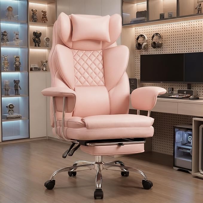 NEO CHAIR Big & Tall Leather Office Chair, High Back, Lumbar Support, Pink | Gaming Chair for Adults and Computer Use, Reclining Office Chair with Foot Rest, Massage, Comfy Design and Heavy Duty Support - Image 2