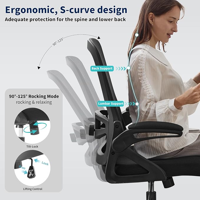 Ergonomic Office Chair Desk Chair with Adjustable Lumbar Support | Mesh Computer Chair Home Office Desk Chair with Flip-up Armrests Executive Task Chair Comfy Mesh Gaming Chair (6Pcs) - Image 6