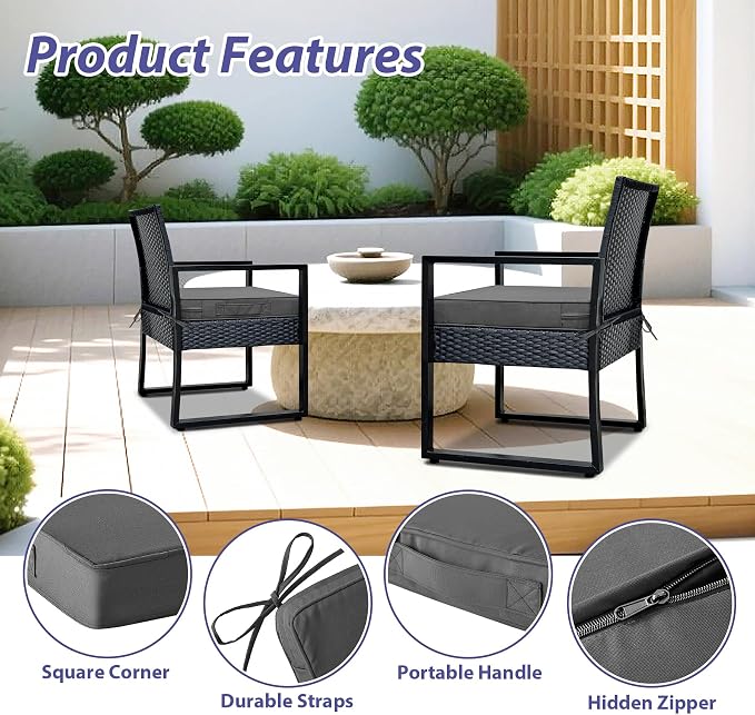 IPYNBAP Outdoor Chair Cushions Set of 4 -Waterproof Outdoor Seat Cushions for Patio Furniture, Patio Chair Cushion with Handle and Ties, Out Door Chair Pads,19x19x3-Square, Darkgrey - Image 5