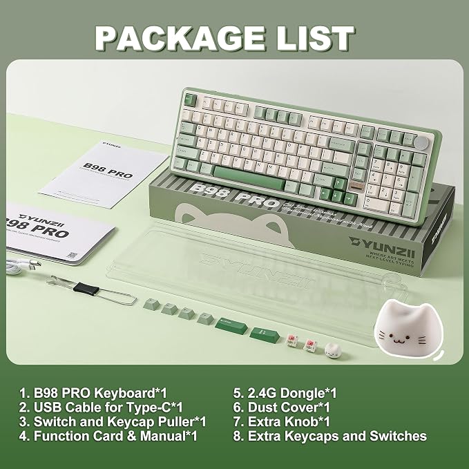 YUNZII B98 PRO 96% Wireless Mechanical Keyboard(Matcha Green, Candy Switch) | QMK/VIA, with Numpad, Dual-Style Knob Design, Creamy Pre-Lubed Switches, Hot Swap, Gasket Mount, RGB for Gaming/Win/Mac - Image 9