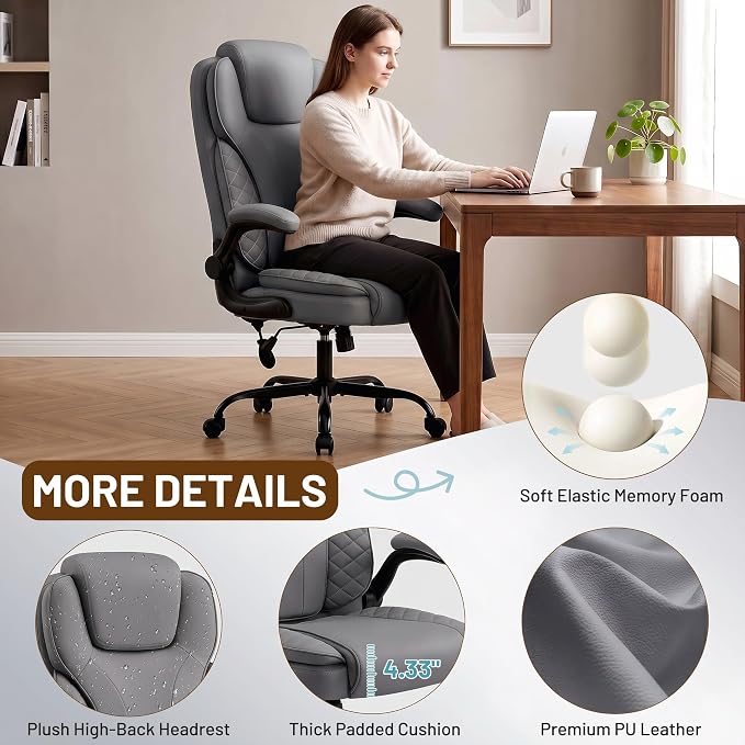 Ergonomic Office Chair, PU Leather High Back Executive Chair with Adjustable Inflatable Lumbar Support and Padded Flip-Up Arms, Recline Swivel Task Computer Chair for Home Office, Gray - Image 7