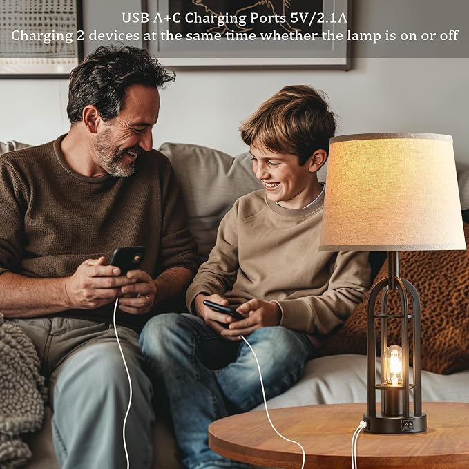 SRJJA Black Table Lamps for Living Room Set of 2 - Farmhouse Lamps for Night Stands with USB A+C, Bedside Lamps for Bedroom, 24'' Industrial Lamp for Living Room End Tables - Image 3