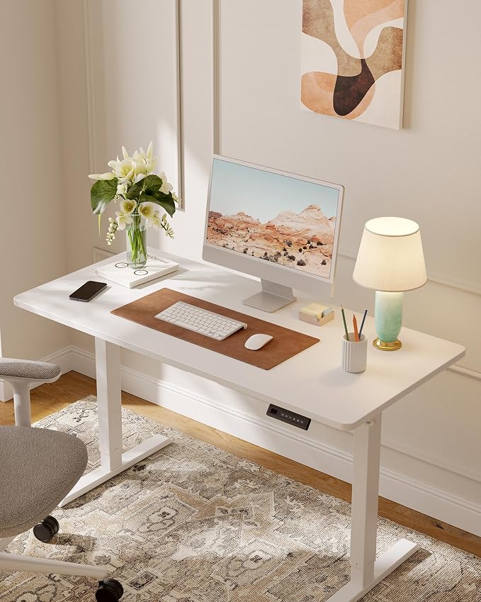 DESINO Standing Desk, 63 × 28 Inches Electric Height Adjustable, Sit and Stand Up, Computer Office Desk with Splice Board, White Frame/White TOP - Image 2