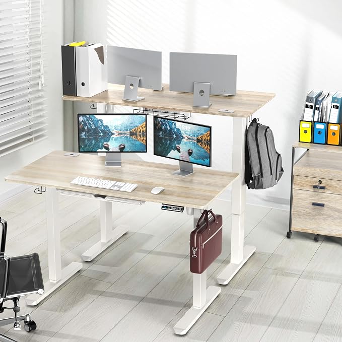 SHW 48-Inch Electric Height Adjustable Standing Desk w/Drawer, Maple | w/ Memory Presets and Cable Management | Drawer with adjustable compartments | Hanging Hooks - Image 2