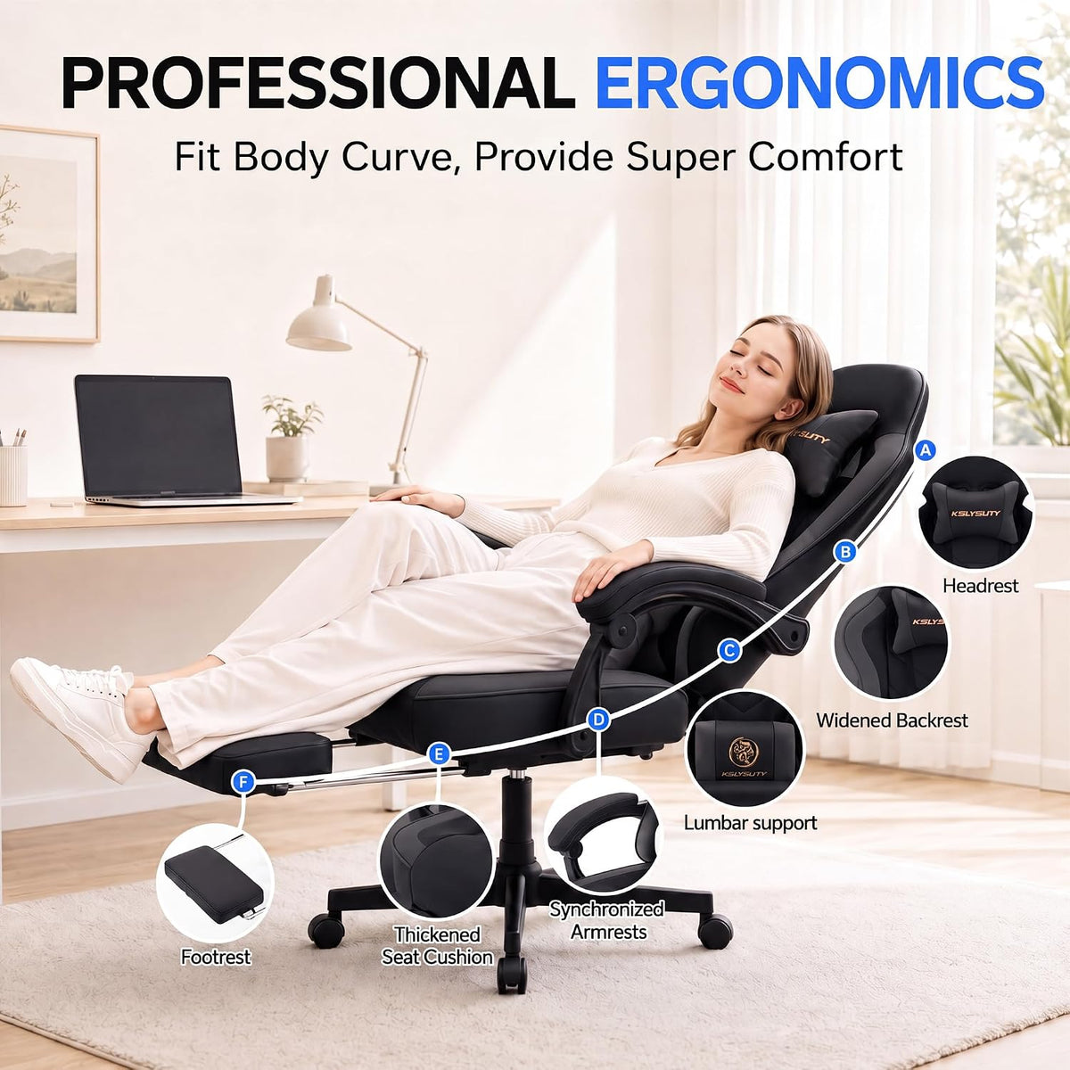 Desk Computer Gaming Chair - High Back Ergonomic Office Chair with Footrest and Lumbar Support, Swivel Comfy Home Gamer Video Game Chairs with Pocket Spring Cushion for Adults (Black) - Image 5