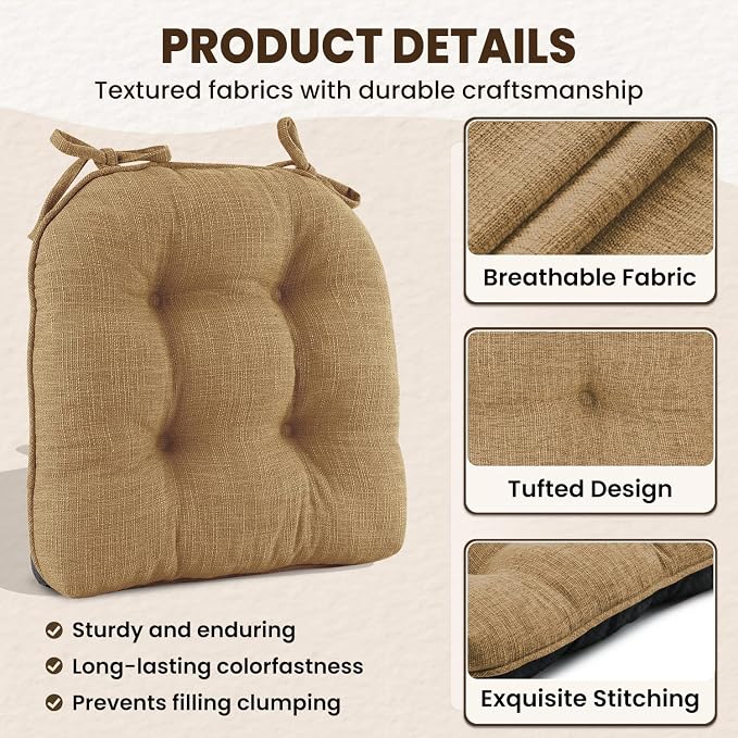downluxe Indoor Chair Cushions for Dining Chairs, Tufted Overstuffed Textured Kitchen Chair Pads with Ties and Non-Slip Backing, 15.5" x 15.5" x 4", Taupe, 4 Pack - Image 5