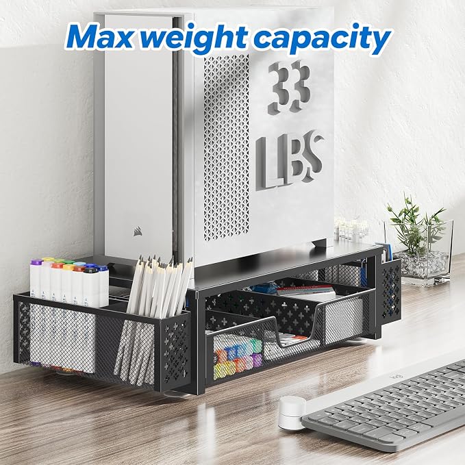 Simple Trending Desk Organizer, Computer Monitor Stand Riser, Black | Metal Laptop & Printer Stand, Desktop Organizer with Drawer & 2 Pen Holders, Anti-Slip Pads, 18.5"W x 9.5"D x 4.75"H - Image 5