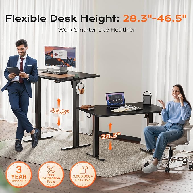 Huuger 48 x 28 Large Electric Standing Desk, Height Adjustable Desk, 27.6" Deep Desktop, Stand up Gaming, 2 Hooks, 3 Preset Heights, for Home Office, Black - Image 3