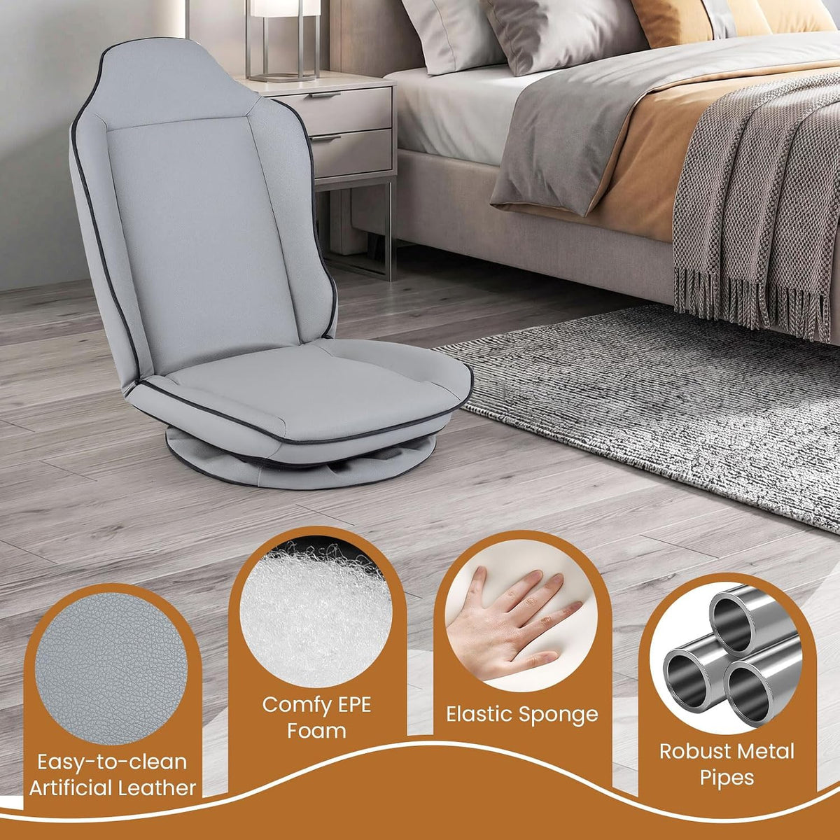 GIANTEX 360° Swivel Floor Gaming Chair with 5-Level Adjustable Backrest, Foldable Reclining Lounge Chair with Padded Seat Cushion, Lazy Floor Sofa for Reading, Working, Watching TV (Gray) - Image 4