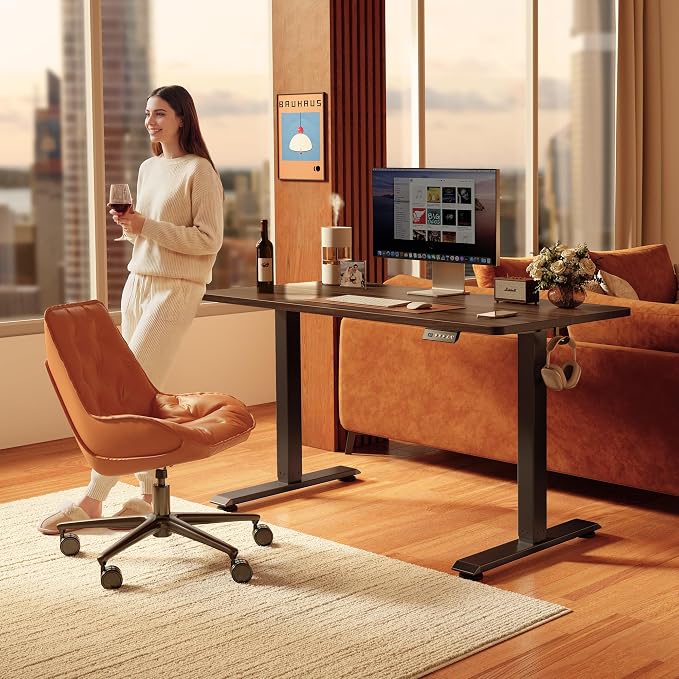 FEZIBO Standing Desk 63 × 28 Inch Electric Height Adjustable, Black Walnut | Sit and Stand Up Adjustable Desk, Home Office Computer Desk with 3 Customizable Memory Presets - Image 2