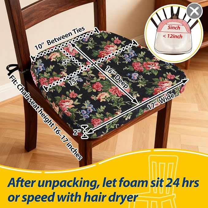 AAAAAcessories D-Shaped Chair Cushions, 2" Thick Dining Chair Pads with Ties and Removable, Machine-Washable Cover, 17" x 16", Set of 2, Night-Blooming Blossoms - Image 2