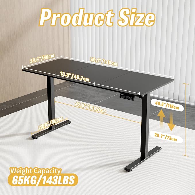 55"x24" Standing Desk, Height Adjustable Sit-Stand Home Office, Black | Electric Adjustable Standing Desk, Sit to Stand Computer Office Desk with Splice Board, Memory Preset, Lifts 28.7''-46.5" - Image 3