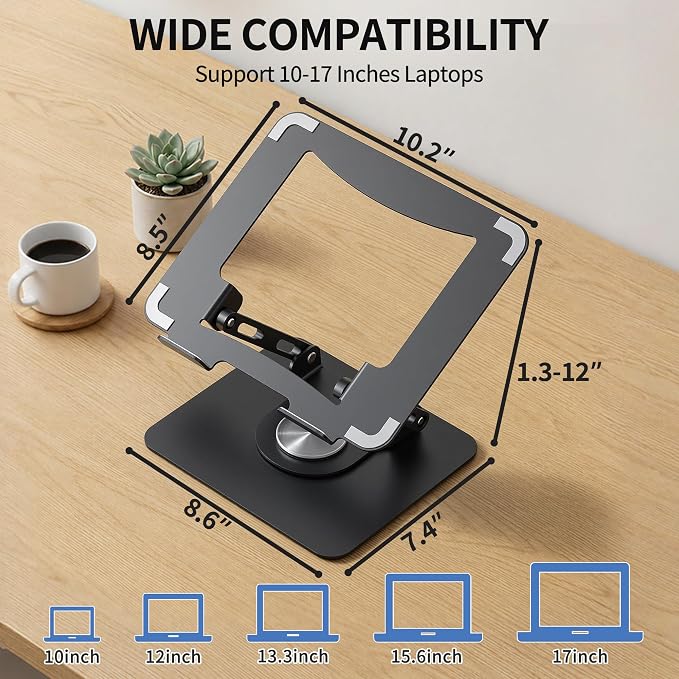 SOUNDANCE 360 Rotating Laptop Stand, Ergonomic Computer Riser for Desk, Adjustable Height Multi-Angle Metal Holder, Foldable Portable Notebook Elevating Base for Office & Home, Black - Image 6