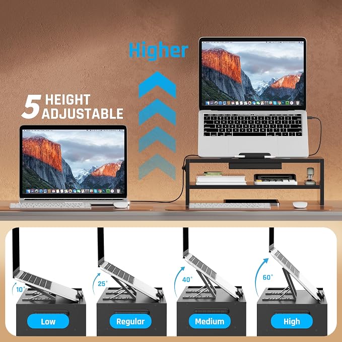 AFOOYO Adjustable Wood Laptop Stand, Ergonomic Height Angles Computer Holder Riser for Desk Compatible with Air, Pro, Dell, HP, Lenovo More 10-17.3" Laptops, Black - Image 2