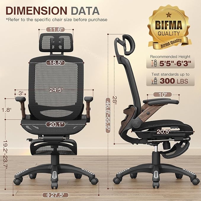 Ergonomic Office Chair with Footrest, High Back Mesh Computer Chair with Flip-Up Arm, 3D Headrest, 135° Reclining, Rolling Gaming Task Chair with Wide Seat Lumbar Support,300LBS - Image 2