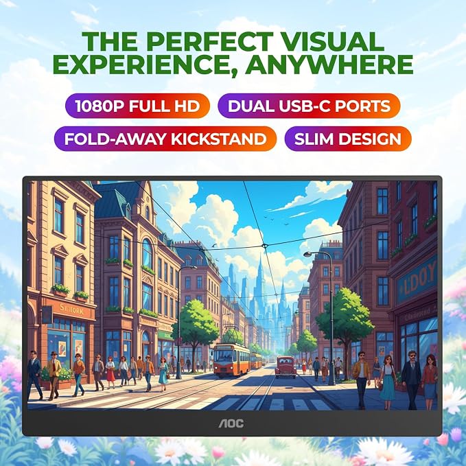 AOC 16" Portable Monitor FHD 60Hz USB-C IPS Ultra Slim Kickstand 16T30 | 1920×1080 Computer Monitor, USB-C 3.2, Mini HDMI, Built-in Speakers, Kickstand, Ultra Slim, VESA Mount, Low Blue Light - Image 2