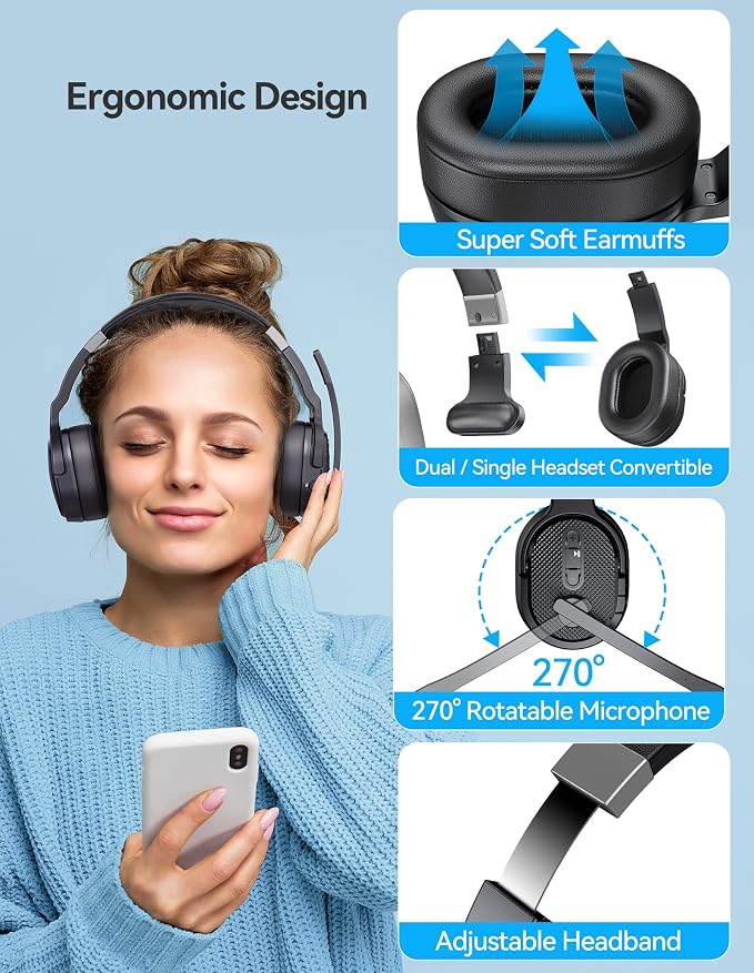 TECKNET Bluetooth Trucker Wireless Headset, Noise Cancelling Mic for Work | Single & Dual Ear, 50Hrs Battery, 3 EQ Music Modes, Clear Mic Wireless Headset for PC, Truck Drivers, Office & Call Center - Image 3