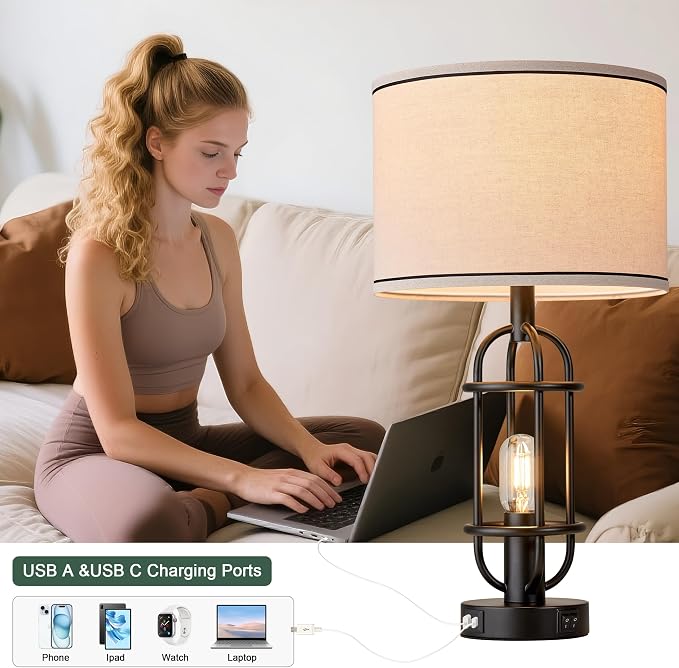 Reaketon Black Table Lamps for Living Room Set of 2, 22.3" Farmhouse Lamps for Nightstand, Industrial Table Lamps for Bedroom with USB Ports, Bulbs Included - Image 2