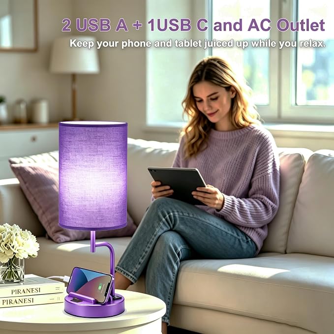Dreamholder 2 Pack Table Lamp, Bedside Lamp with 3 USB Charging Ports & AC Outlet, USB Desk Lamp with 2 Phone Holders, Linen Fabric Shade Nightstand Lamps for Bedroom Living Room Office, Purple - Image 5