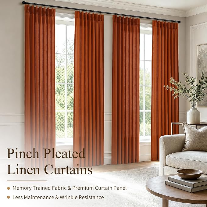 Hokibero Terracotta Pleated Linen Curtains 90 Inch Long for Living Room | Burnt Orange Light Filtering Sheer Curtain,Pinch Pleat Back Tab Hooks Rings,Boho Textured Privacy Drapes for Bedroom,2 Panels - Image 2