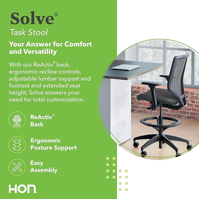 HON Solve Ergonomic Stool, Office Chair, Footring, ReActiv Back, Black | Standing desk chair with lumbar support, footring, adjustable arms, sit stand workstation seating for active work - Image 3