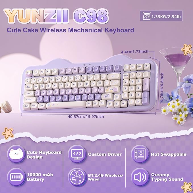 YUNZII C98 Cute Cake Wireless Mechanical Keyboard(Purple, Milk Switch) | 99 Keys with Number Pad, Hot Swap, PBT MOA Keycaps, BT5.0/2.4G/USB-C, Gasket Mount, Custom RGB Backlit for Win/Mac - Image 2