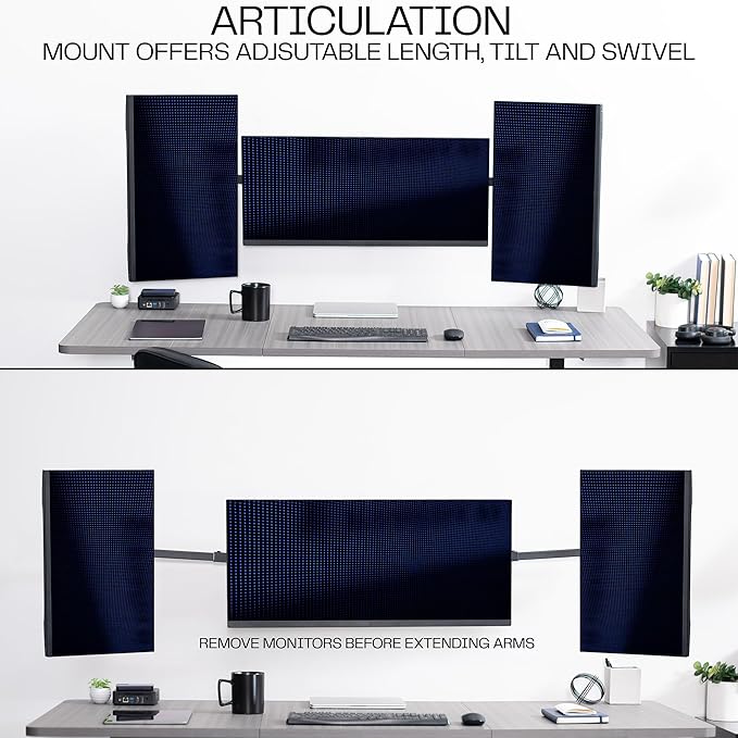 VIVO Premium Triple Monitor Wall Mount for 3 Screens up to 22 lbs, Fits up to 38 inch Ultrawides on Center Bracket, Adjustable Telescoping Arms, Flush Wall Setup, Black, MOUNT-TS03C - Image 5