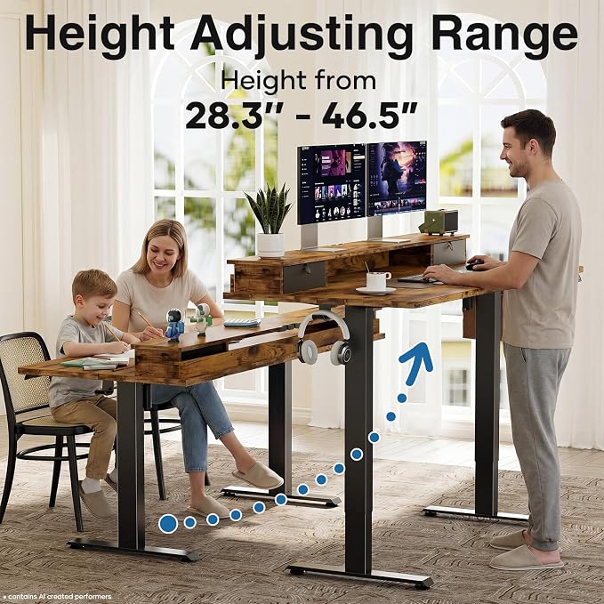 Veken 63x28 in Electric Standing Desk with Drawers, Adjustable Table, Brown | Stand up Computer Desk for Home Office, Work & Study, with Storage, 3 Memory Presets, Cable Organizer, Hook, and Quiet Lift. - Image 5