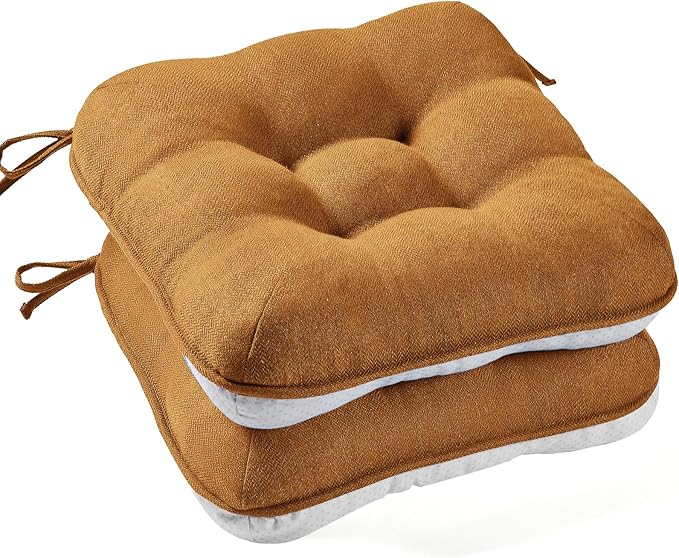 BETU Chair Cushions for Dining Chairs Set of 2,3.5" Thick Kitchen Table Chair Pads with Ties,Non Slip Backing and Covers, Seat Cushion for Dining Room,Bar,Patio Chairs,15.5"X15.5"X3.5",Caramel by BETU