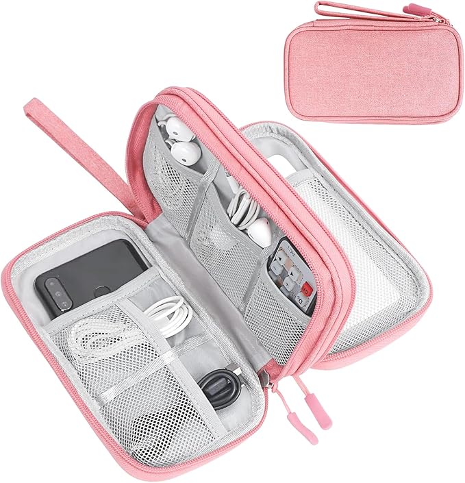 FYY Electronic Organizer, Travel Tech Pouch Bag, Cable Organizer Pink | Wrist Strap, Waterproof, Double Layers Portable Electronics Travel Carrying Case for Cord, Charger, Daily Business Trips Use by FYY