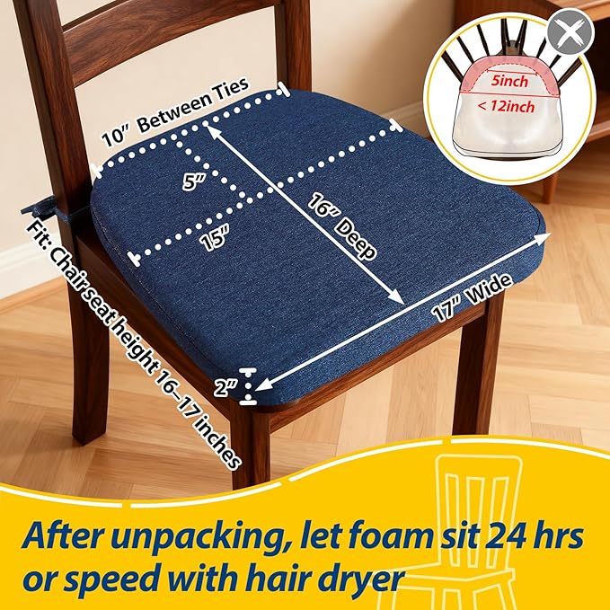 AAAAAcessories D-Shaped Chair Cushions, 2" Thick Dining Chair Pads with Ties and Removable, Machine-Washable Cover, 17" x 16", Set of 8, Blue - Image 2