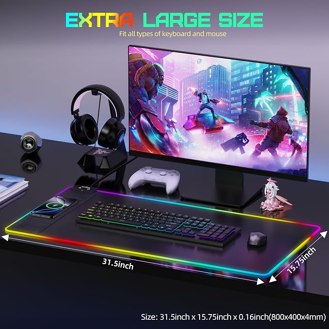 Mouse Pad with Wireless Charging, Large Desk Mat with Adapter, 31.5"x15.7" | RGB Gaming Mousepad with Ultra-Smooth Surface, Non-Slip Rubber Base, Waterproof Computer Keyboard Pad for Gamer, Black - Image 7