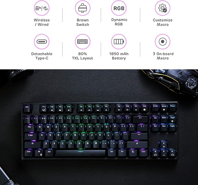 RK ROYAL KLUDGE RK87 Sink87G RGB 80% Mechanical Keyboard, Wireless 2.4G Tenkeyless Mechanical Keyboard with Programmable Software, 87 Keys, Tactile Brown Switches | 87 Keys Wireless 2.4G Tenkeyless Gaming Keyboard with Programmable Software, No Numbpad... - Image 2