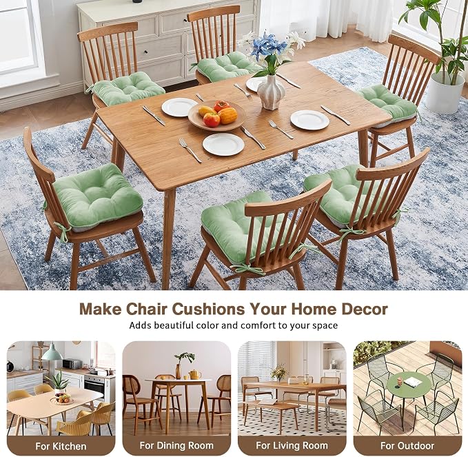 BETU Chair Cushions for Dining Chairs Set of 6,3.5" Thick Kitchen Table Chair Pads with Ties,Non Slip Backing and Covers, Home Decor Seat Cushion for Dining Room,Bar,Patio Chairs15.5"X15.5"X3.5"Green - Image 7