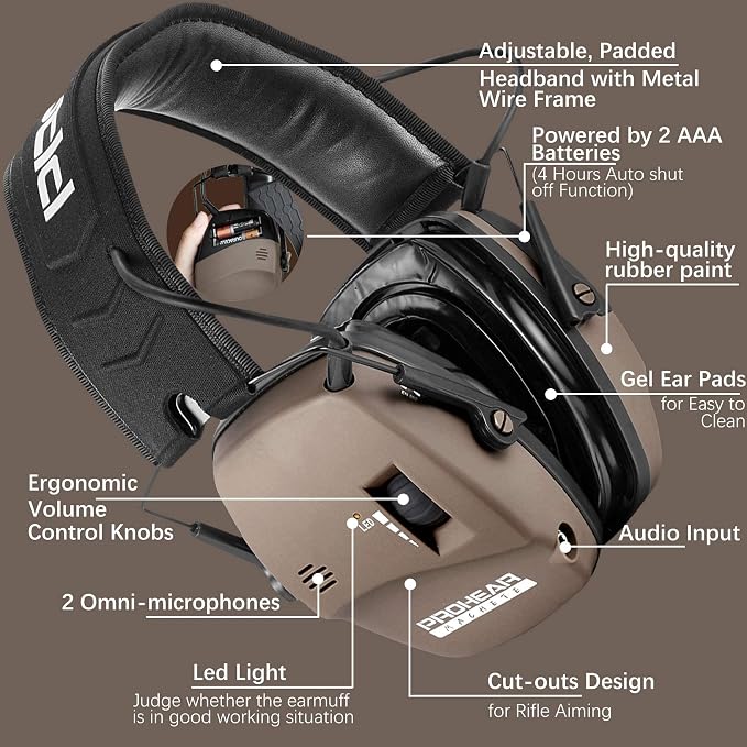 PROHEAR Digital Electronic Shooting Ear Protection Muffs with GEP02 Gel Ear Pads, Hunting 5X Sound Amplification Earmuffs, NRR 23dB Low Profile Hearing Protection for Gun Range - Brown - Image 4