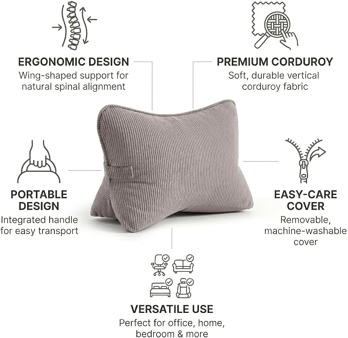 Pat. Pend. Corduroy Lumbar Support Pillow for Watching TV, Reading & Gaming, Triangle Cushion for Sofa, Armchair, Couch or Bed, Removable Washable Cover, Light Gray - Image 3