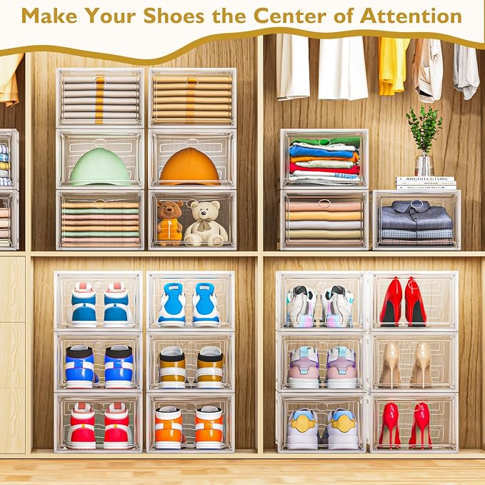Large Thick Clear Shoe Organizer, Magnetic Door Stackable Shoe Storage Box | Foldable Shoe Storage Boxes for Sneakers & Boots, Space-Saving Closet Shoe Cabinet with Clear Magnetic Door, 9 Pack White - Image 7