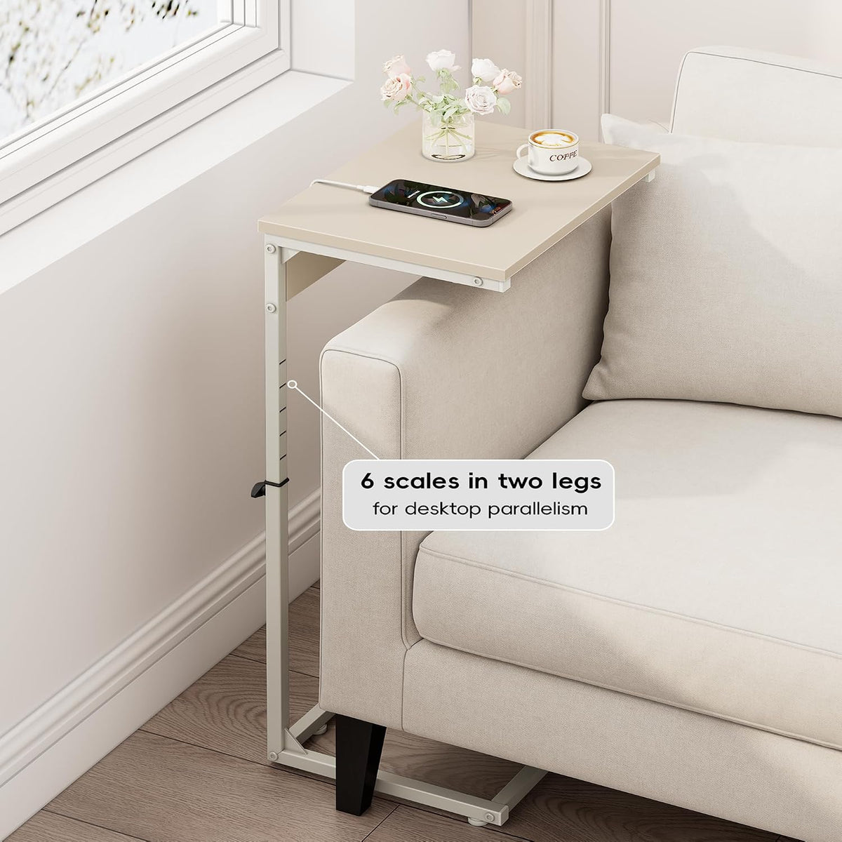 C Shaped End Table with Charging Station, Adjustable Height Side Table for Couch, Small Side Table, 33.2'' Tall Couch Tables that Slide Under, Tv Tray End Table for Living Room, Beige - Image 4