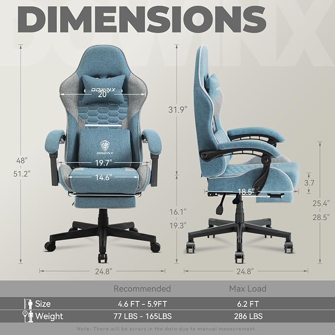 Dowinx Gaming Chair Fabric with Pocket Spring Cushion, Massage Game Chair Cloth with Headrest, Ergonomic Computer Chair with Footrest 290LBS, Blue and Grey - Image 3