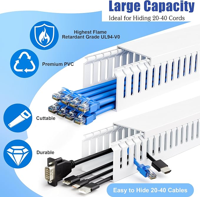 2" H x 2" W Cable Raceway, 99in Under Desk Wire Management Channel, White | Slotted Wire Duct, 6Pack, 16.5in Each, Heavy-Duty PVC Cable Management for Server Racks, Network Cables & Electrical Cabinets - Image 3