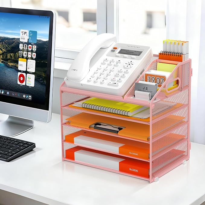 DocNest 5 Tier Metal Mesh Desk File Organizer with Phone Shelf, Pink | Desktop letter tray sorter features a 9.1x9.1 inch top phone holder, built-in sticky note compartment and pen holder - Image 6