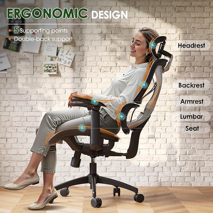 Ergonomic Office Chair, Big and Tall Mesh Chair with Lumbar Support, 3D armrest - 215° Rotation, Adjustable Headrest & Soft Seat, Durable Desk Chair 350LBS for Work Gaming Computer,Grey - Image 3