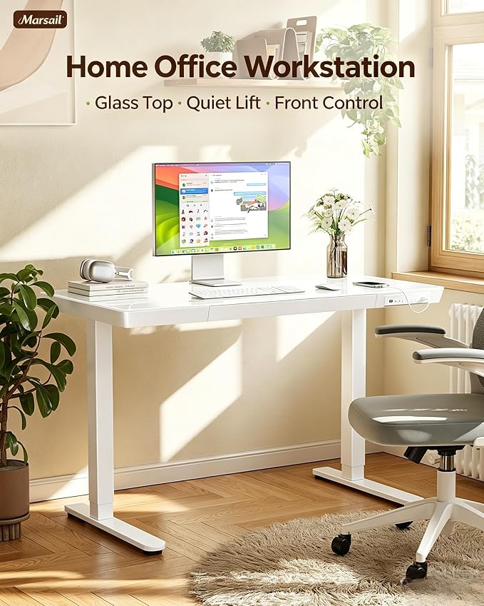 Marsail Glass Standing Desk, 55 x 28 Inch Electric Standing Desk,White | Storage Drawer, One-Piece Tabletop, USB Charging Ports, Sit Stand Design, Black finish, Height Adjustment, Home Office - Image 3